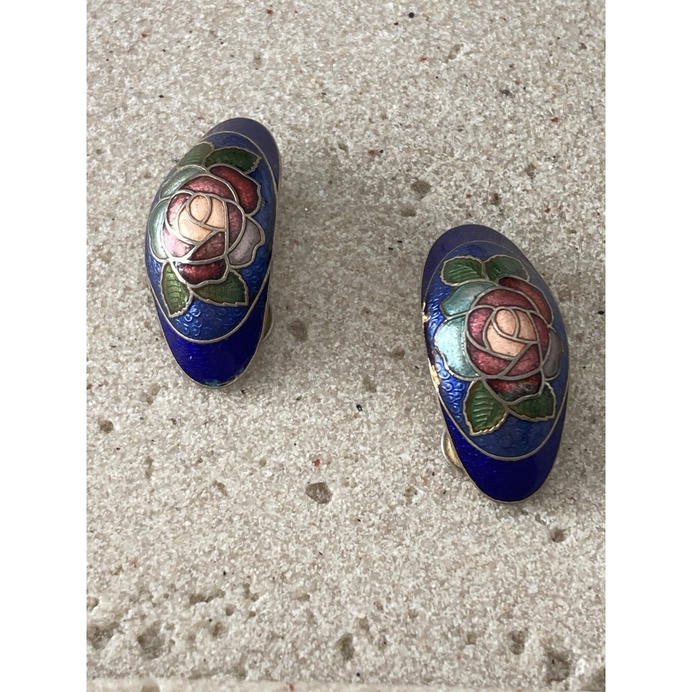 Vintage Cloisonne Enamel Clip On Earrings Blue Rose Floral Gold Tone Oval READ